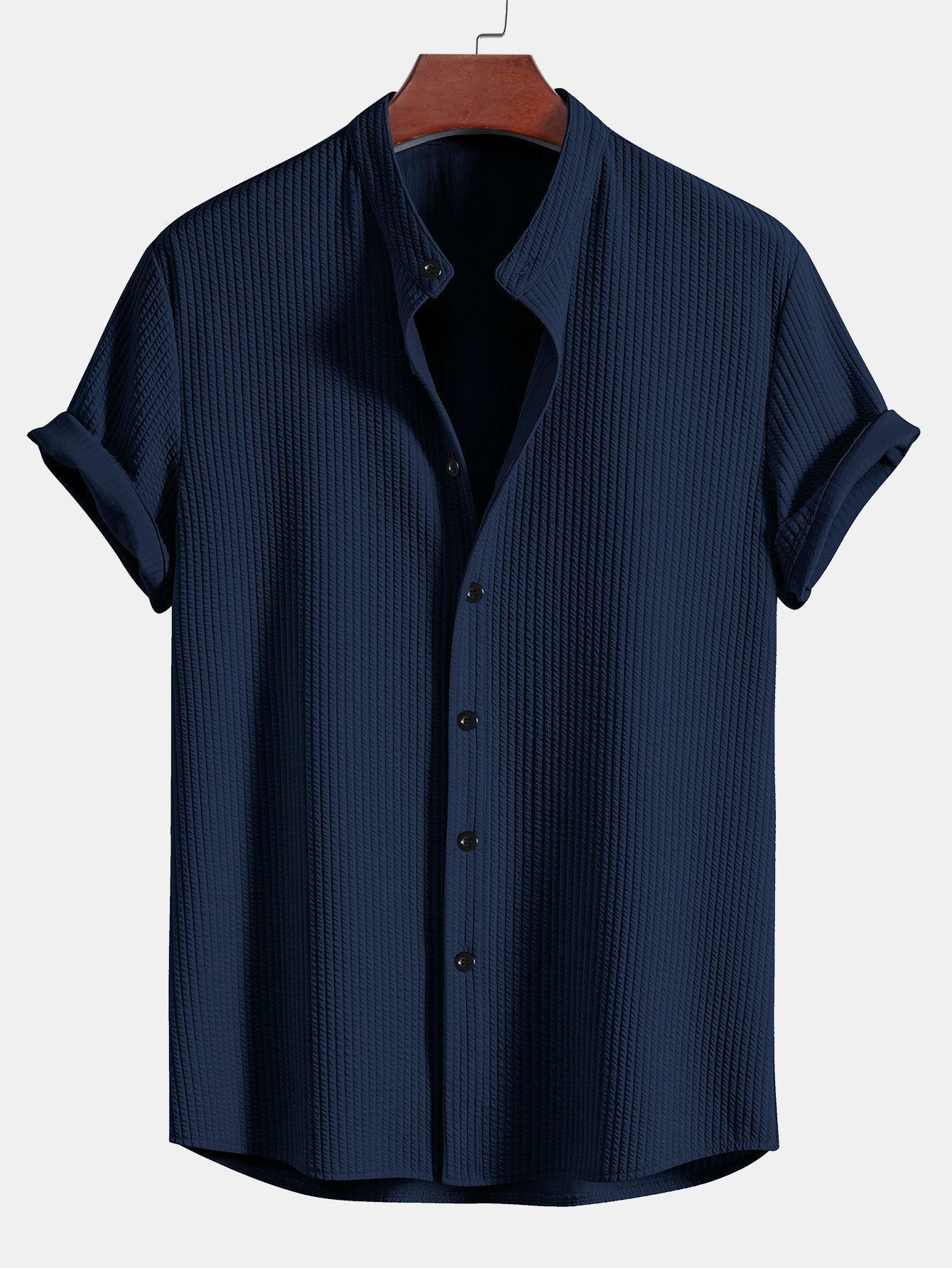 Muscle Fit Ribbed Stand Collar Shirt & Shorts