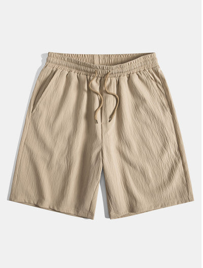 Linen Rayon Blend Button Up Shirt & Crinkled Textured Drawstring Shorts