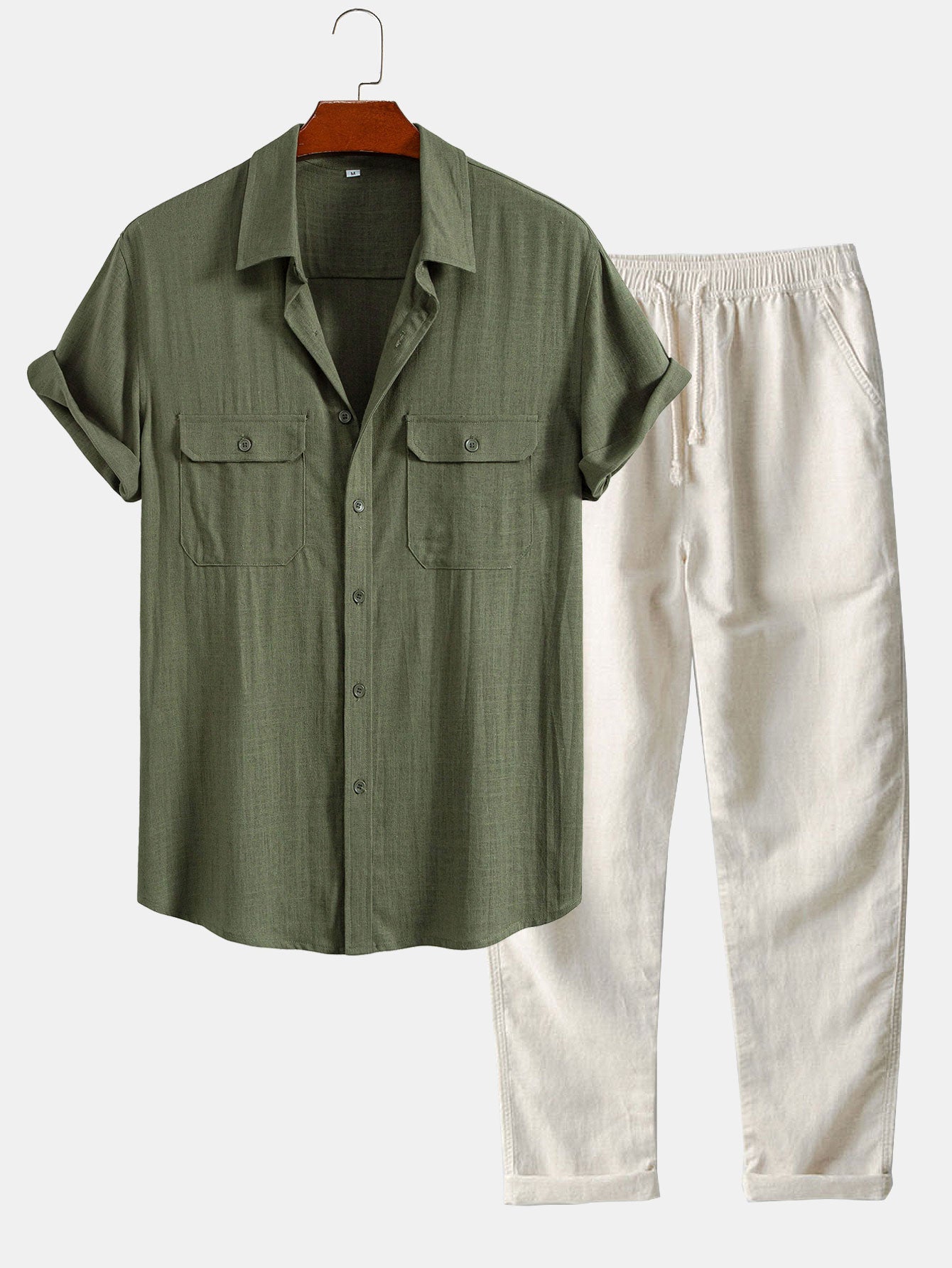 Linen Rayon Blend Pocket Utility Shirt & Straight Leg Linen Pants
