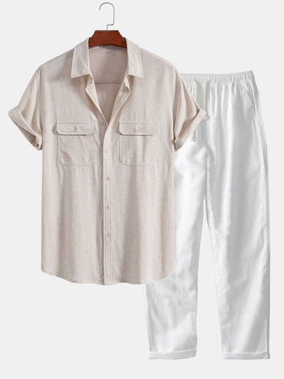 Linen Rayon Blend Pocket Utility Shirt & Straight Leg Linen Pants