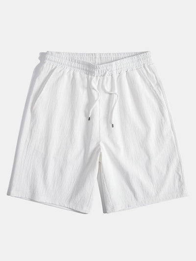 Linen Rayon Blend Button Up Shirt & Crinkled Textured Drawstring Shorts