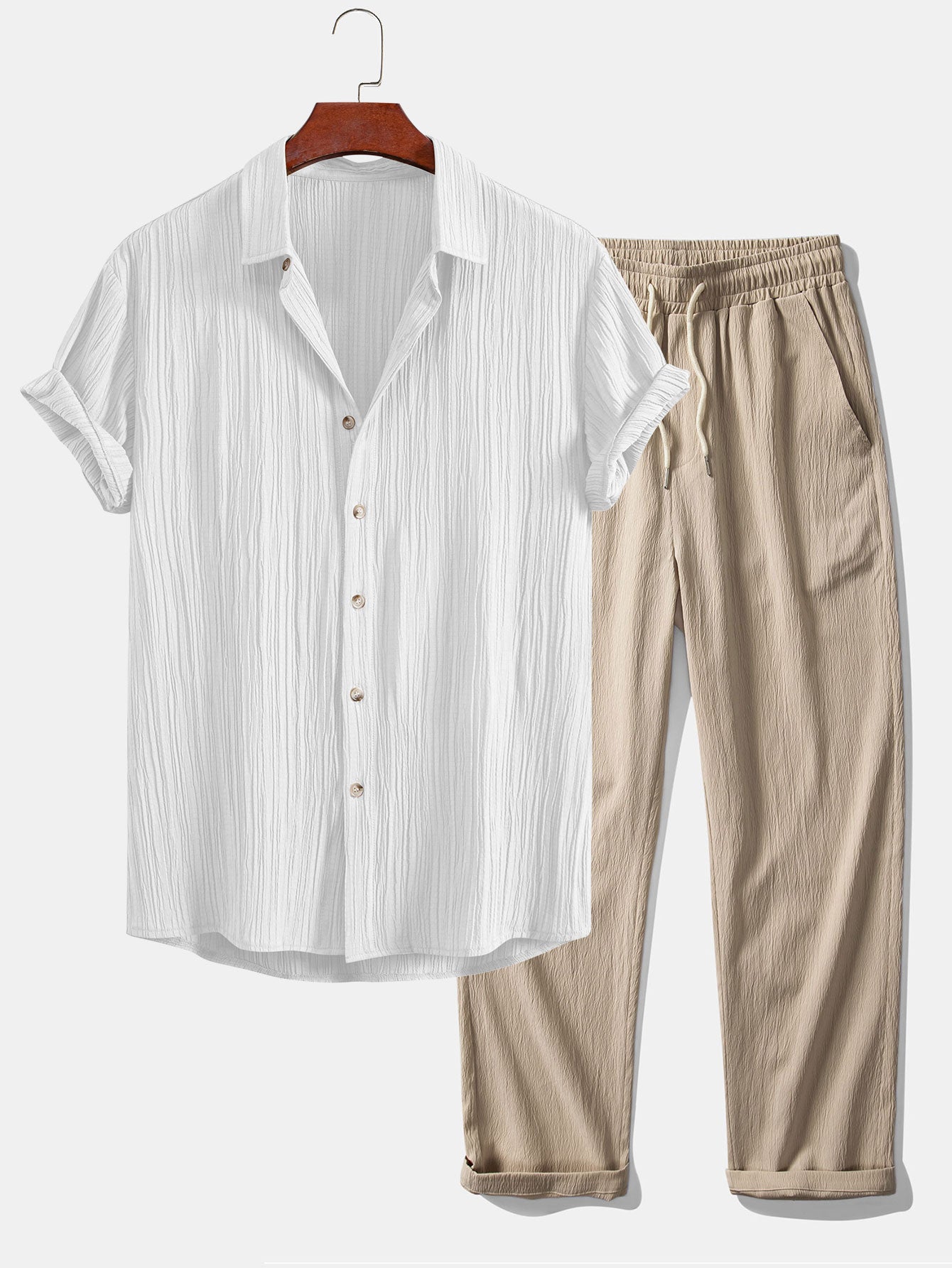 Crinkled Textured Button Up Shirt & Crinkle Textured Straight Leg Pants