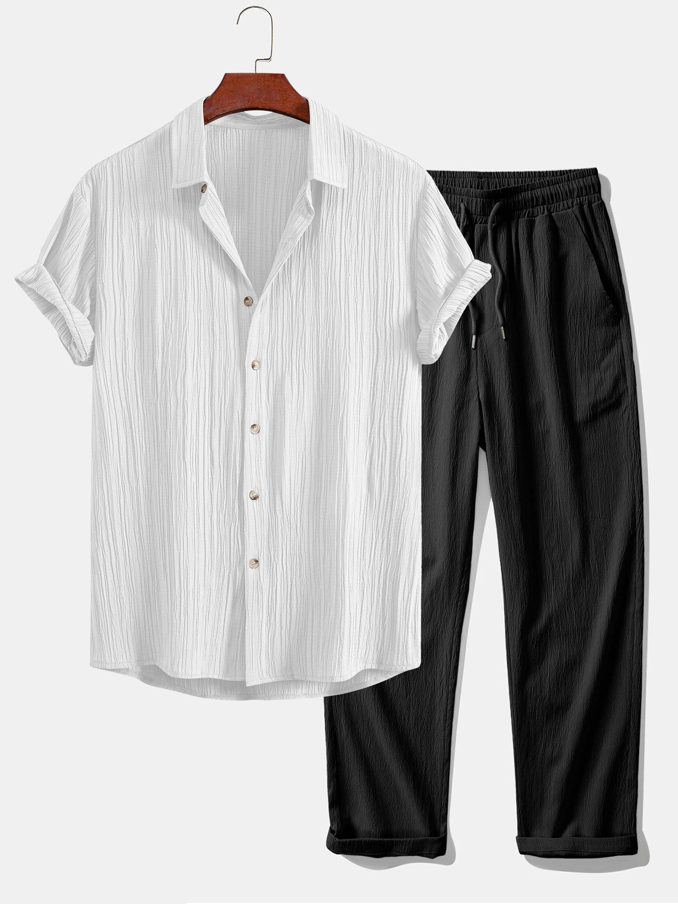 Crinkled Textured Button Up Shirt & Crinkle Textured Straight Leg Pants