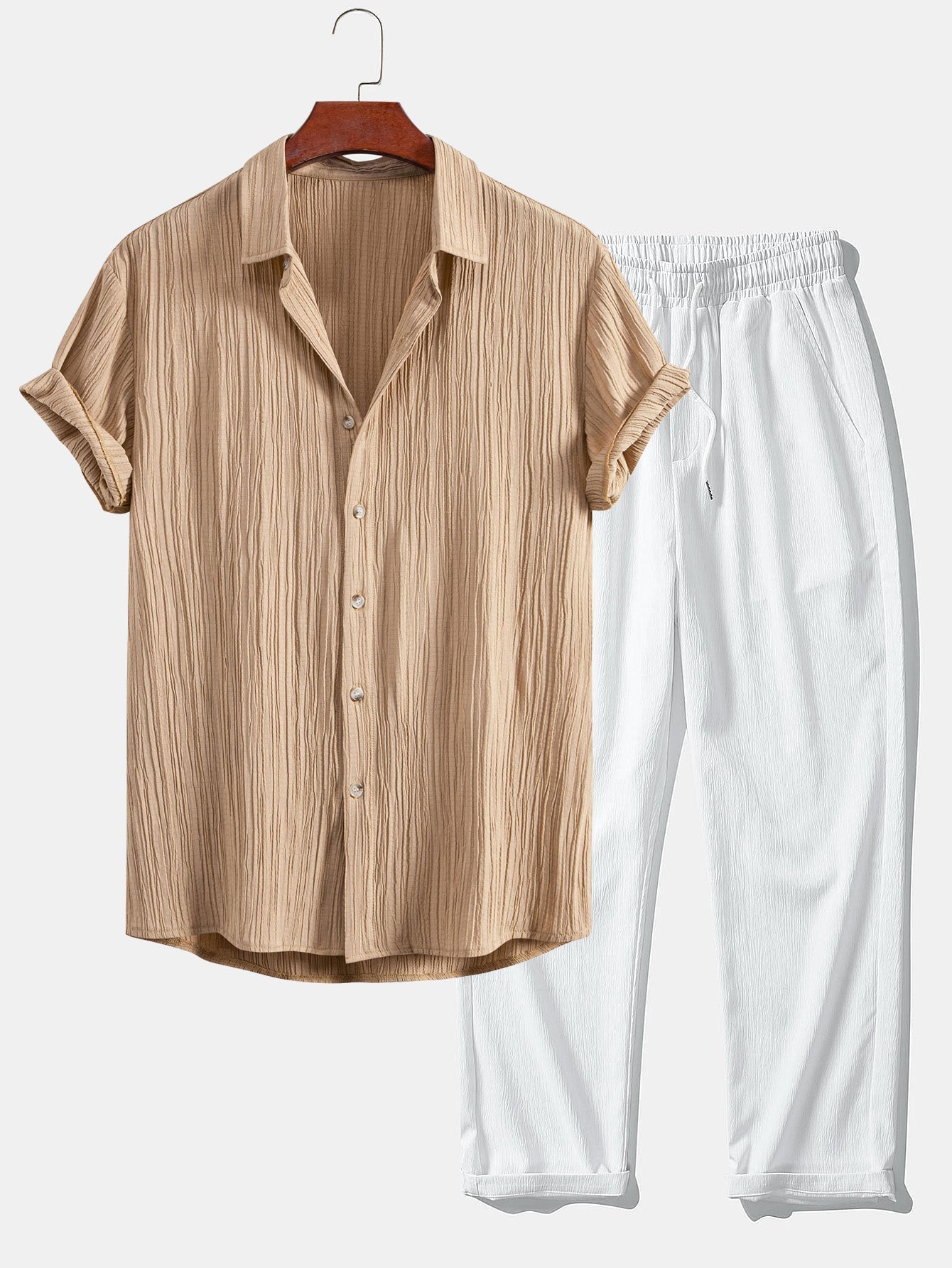 Crinkled Textured Button Up Shirt & Crinkle Textured Straight Leg Pants