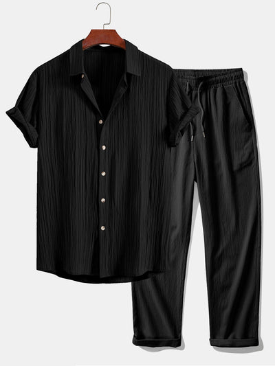 Crinkled Textured Button Up Shirt & Crinkle Textured Straight Leg Pants