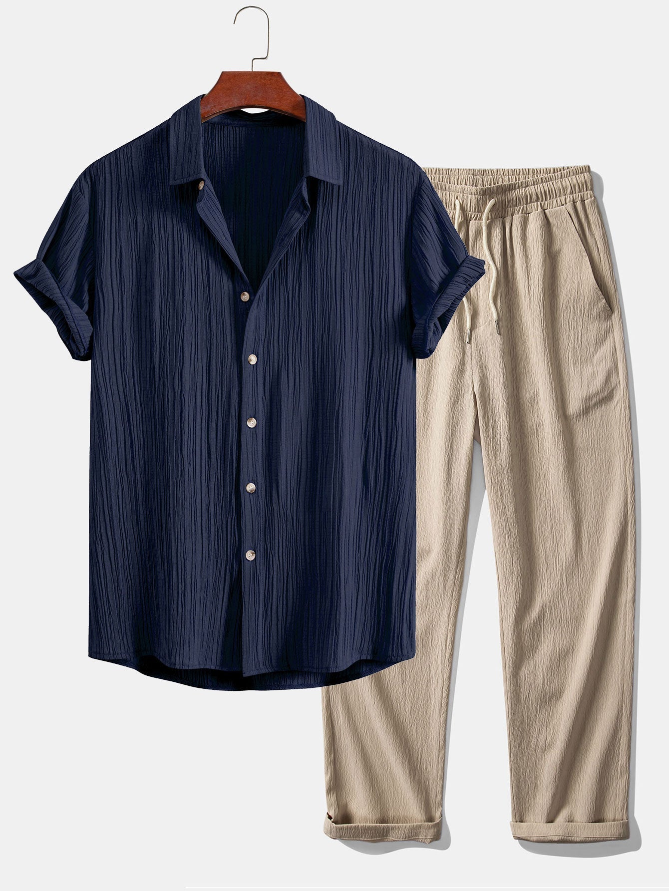 Crinkled Textured Button Up Shirt & Crinkle Textured Straight Leg Pants