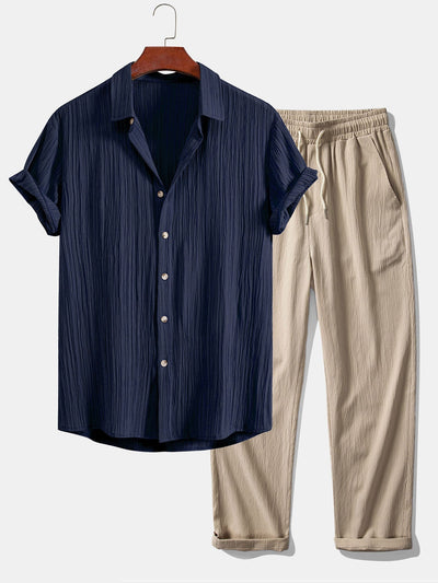 Crinkled Textured Button Up Shirt & Crinkle Textured Straight Leg Pants